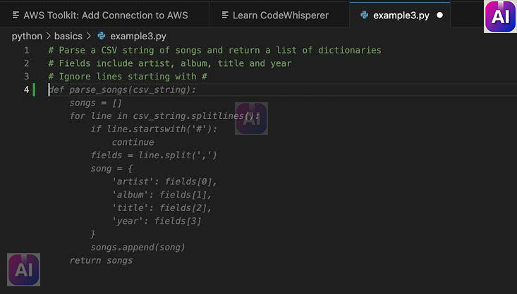 واجهة CodeWhisperer تظهر اقتراحات الكود في VS Code