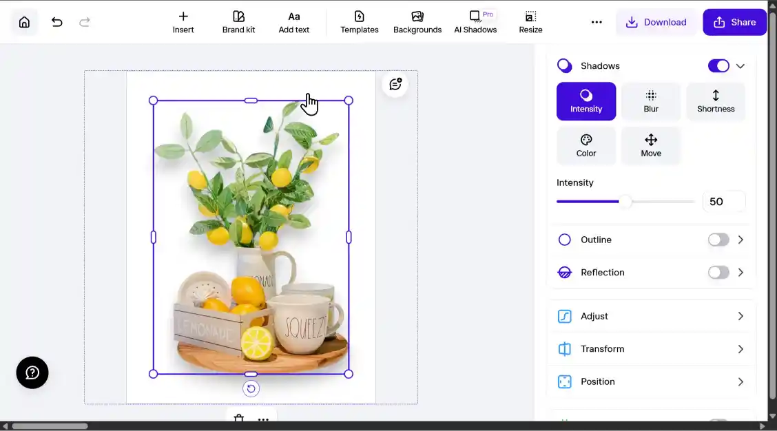 إعدادات الظلال في PhotoRoom