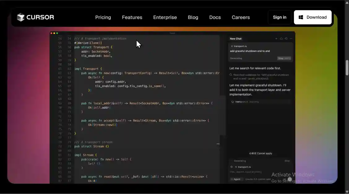 واجهة Cursor IDE مع محادثة الذكاء الاصطناعي